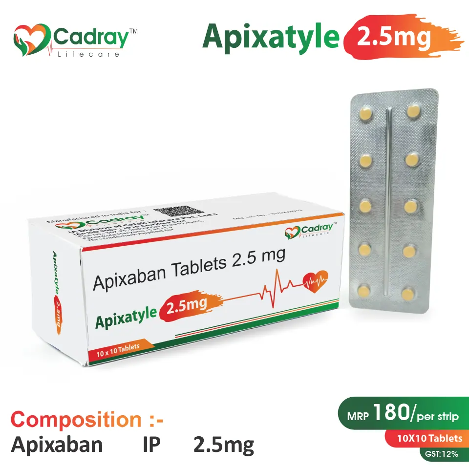 Apixatyle 2.5 Tablet with Apixaban 2.5mg supports blood clot prevention. WHO GMP certified, available at the best price for PCD pharma franchise, third-party manufacturing & export.
